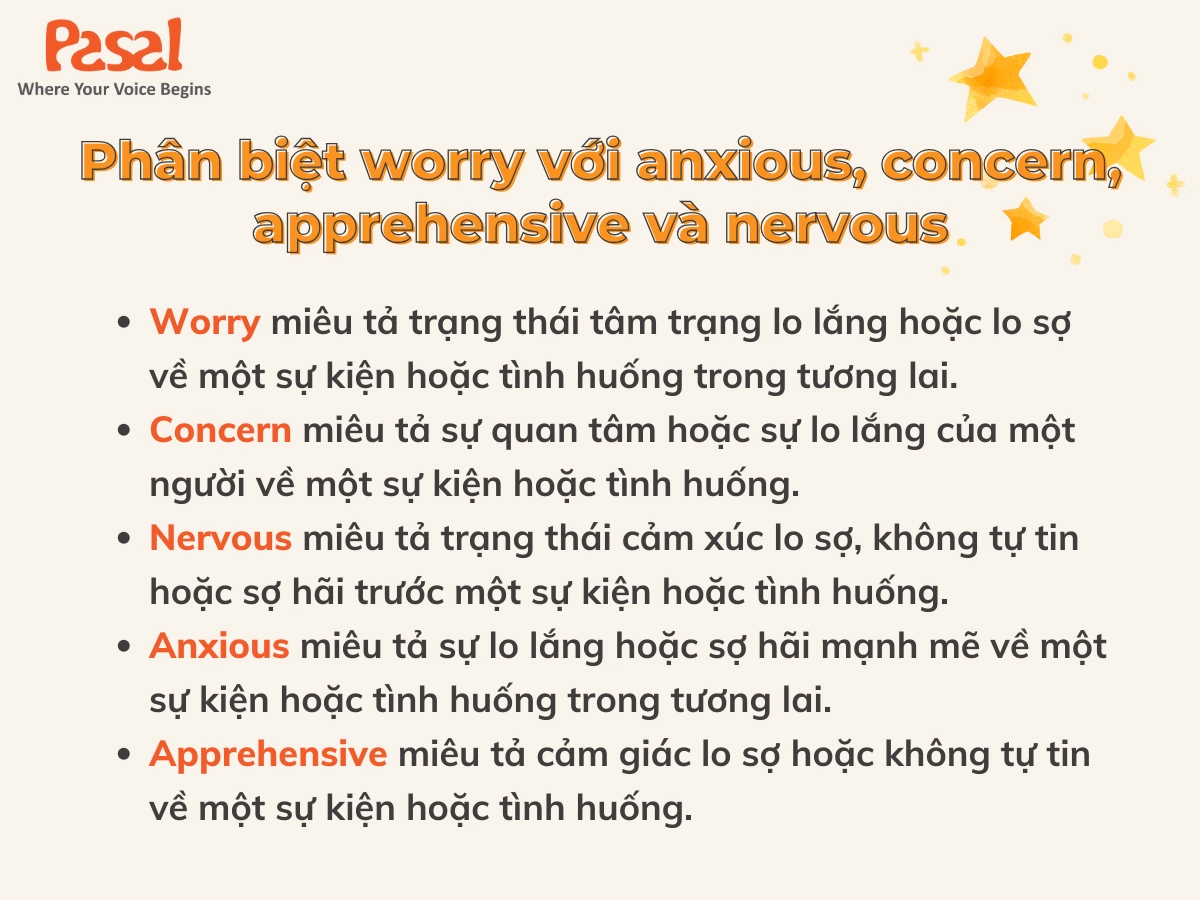 Phân biệt worry với anxious, concern, apprehensive và nervous